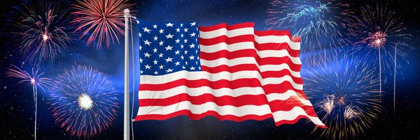 Usa Juli Unabhängigkeitstag Hintergrund Der Amerikanischen Flagge Mit Feuerwerk Celebration — Stockfoto