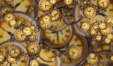 Büyük antika saat yüzleri. Zamanın dokusu, zarif koleksiyon. 3d illüstrasyon.