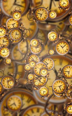 Büyük antika saat yüzleri. Zamanın dokusu, zarif koleksiyon. 3d illüstrasyon.