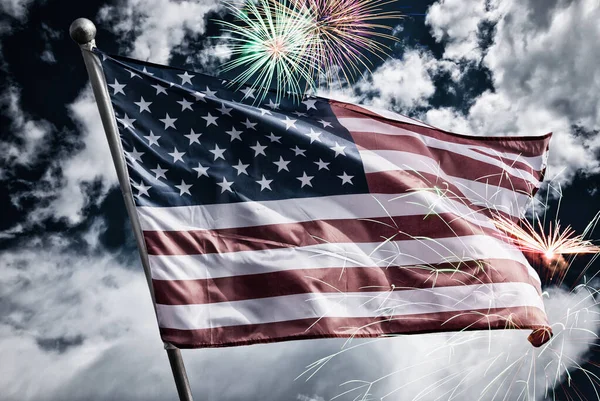 Usa Juli Unabhängigkeitstag Hintergrund Der Amerikanischen Flagge Mit Feuerwerk Celebration — Stockfoto