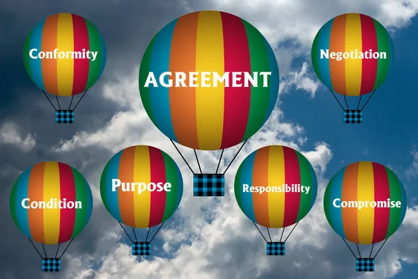 Hot air balloons with AGREEMENT concept. Abstract background, Thinking and Creativity. 3d illustration.