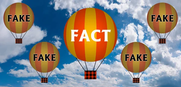 FactとFakeをコンセプトにした熱気球 抽象的な背景 思考と創造性 3Dイラスト — ストック写真