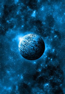 Uzaydan gelen bilinmeyen bir gezegen. Uzay nebulası. Kozmik yıldız kümesi. Dış uzay arkaplanı. 3B Görüntü.