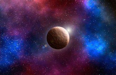 Uzaydan gelen bilinmeyen bir gezegen. Uzay nebulası. Kozmik yıldız kümesi. Dış uzay arkaplanı. 3B Görüntü.