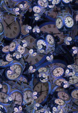 Büyük antika saat yüzleri. Zamanın dokusu, zarif koleksiyon. 3d illüstrasyon.