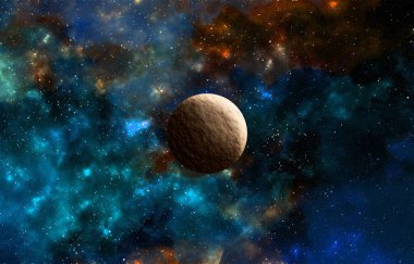 Uzaydan gelen bilinmeyen bir gezegen. Uzay nebulası. Kozmik yıldız kümesi. Dış uzay arkaplanı. 3B Görüntü.