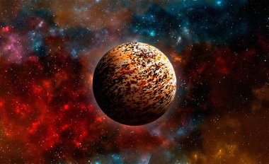 Uzaydan gelen bilinmeyen bir gezegen. Uzay nebulası. Kozmik yıldız kümesi. Dış uzay arkaplanı. 3B Görüntü.