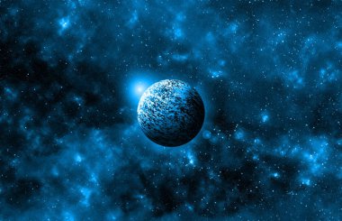 Uzaydan gelen bilinmeyen bir gezegen. Uzay nebulası. Kozmik yıldız kümesi. Dış uzay arkaplanı. 3B Görüntü.