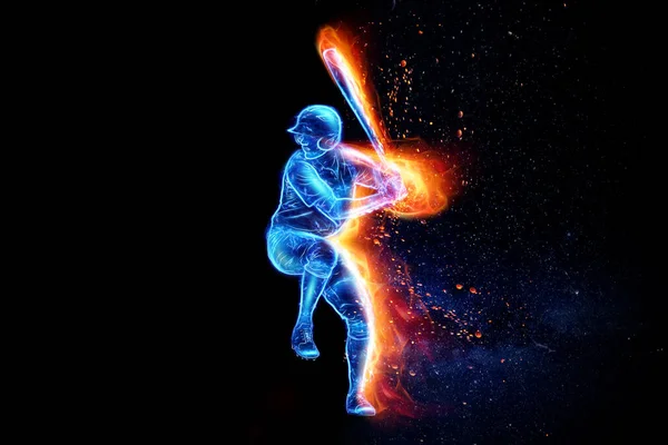 Silhouette Image Baseball Player Bat Fire Blue Hologram Dark Background — Stock Photo, Image