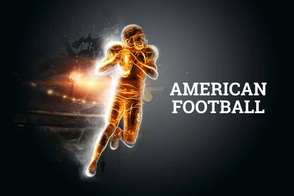 Silhouette of an American football player on fire on a dark background. Concept for sports, speed, bets, American game. 3D illustration, 3D render