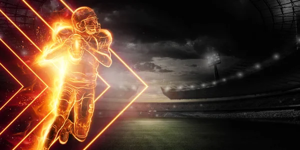 Silhouette of an American football player on fire on the background of the stadium. Concept for sports, speed, bets, American game