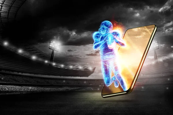 미식축구 선수의 실루엣이 스마트폰에서 기어나온다 온라인 스포츠 스피드 아메리칸 — 스톡 사진