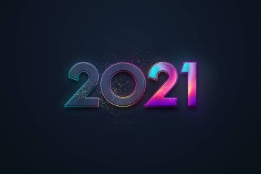Rakamlar 2021, Mutlu yıllar. Koyu arkaplanda neon numaraları olan zarif bir tasarım. 2021 için tipografi, Yeni Yıl Kutlaması, Boğa Yılı. 3B illüstrasyon