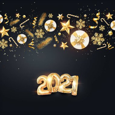 Altın Lüks Numaralar 2021, Mutlu Yıllar. Zarif altın tasarımı. 2021 yılının tipografisi, Noel Kutlaması, Poster Tasarımı. 3B illüstrasyon