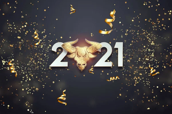 Angka 2021 Selamat Tahun Baru Desain Elegan Dengan Banteng Emas — Stok Foto