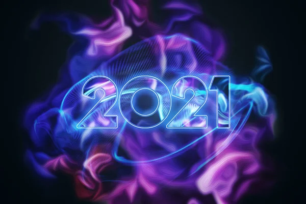 2021年霓虹灯摘要 新年快乐 色彩艳丽的设计在黑暗的背景上 2021年的字体 新年庆典 海报设计 3D插图 — 图库照片