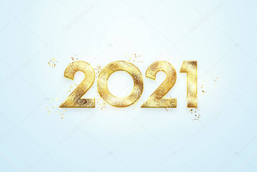 Gold Luxury Numbers 2021, Happy New Year. Elegant gold design on a light background. Typography for 2021, New Years Celebration, Poster Design. 3D illustration