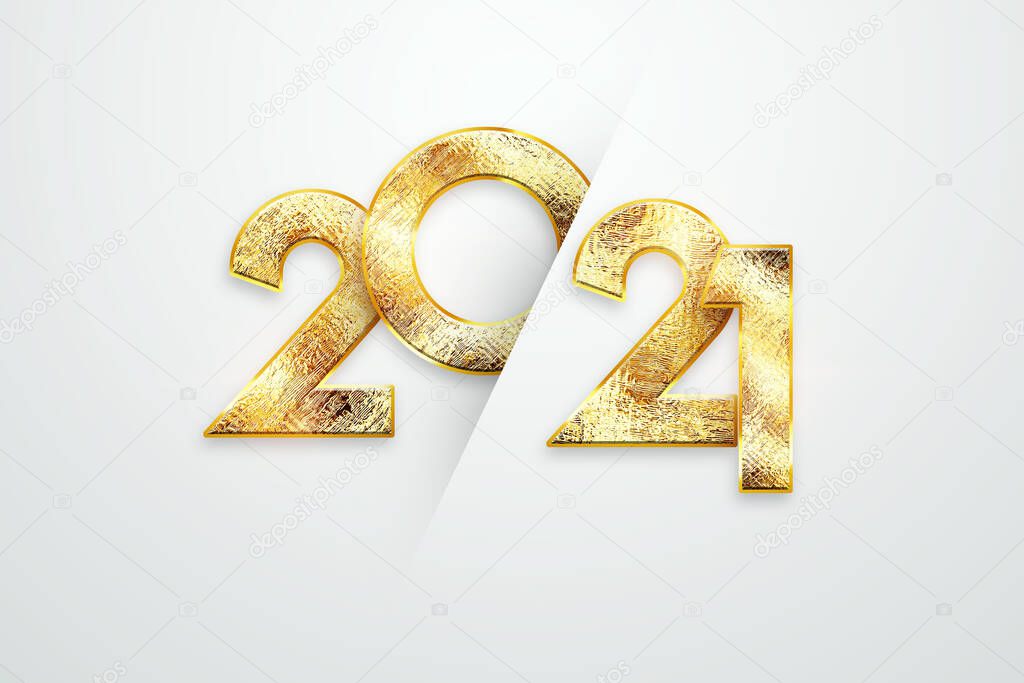 Gold Luxury Numbers 2021, Happy New Year. Elegant gold design on a light background. Typography for 2021, New Years Celebration, Poster Design. 3D illustration