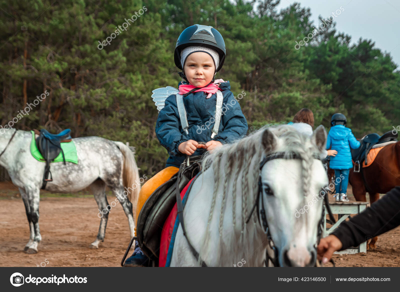 Menina Pônei Branco Fundo Natureza Jóquei Hipódromo Equitação fotos