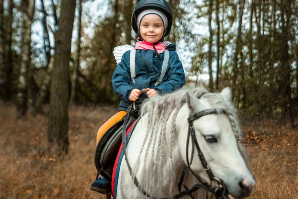 Little Girl White Pony Background Nature Jockey Hippodrome Horseback Riding — Stock Photo, Image