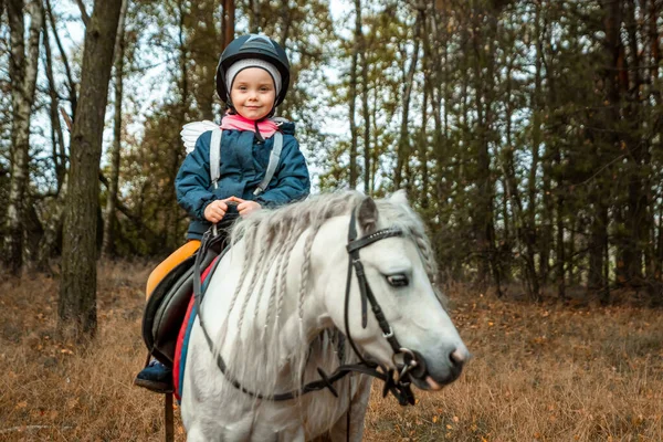 Little Girl White Pony Background Nature Jockey Hippodrome Horseback Riding — Stock Photo, Image