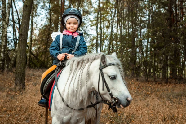 Little Girl White Pony Background Nature Jockey Hippodrome Horseback Riding — Stock Photo, Image