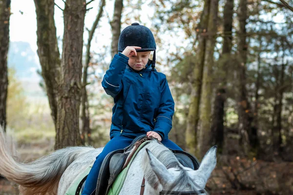 Little Boy Jockey Cap White Adult Horse Background Nature Jockey — Stock Photo, Image