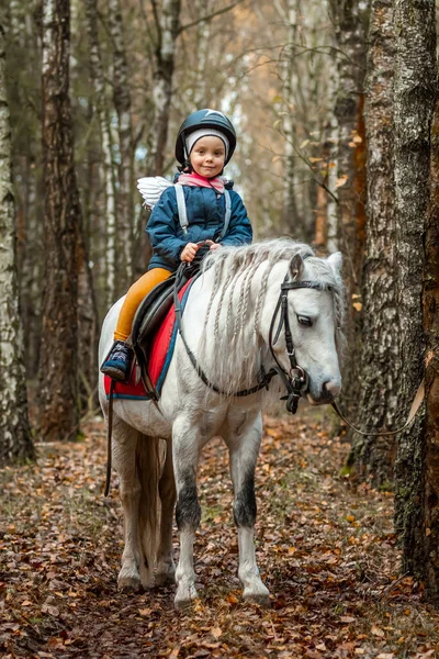 Little Girl White Pony Background Nature Jockey Hippodrome Horseback Riding — Stock Photo, Image