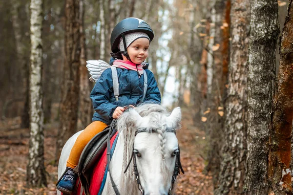 Little Girl White Pony Background Nature Jockey Hippodrome Horseback Riding — Stock Photo, Image