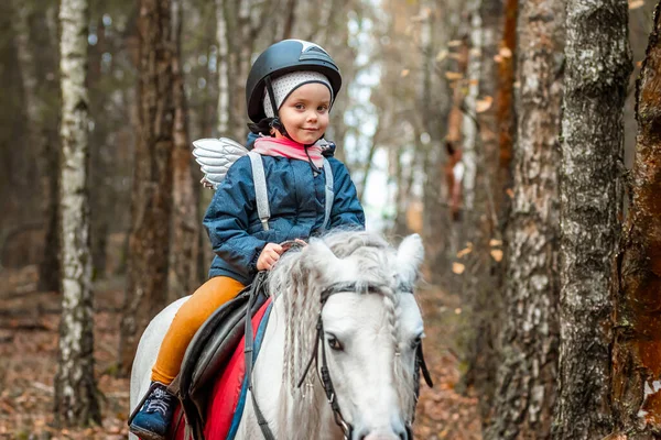 Little Girl White Pony Background Nature Jockey Hippodrome Horseback Riding — Stock Photo, Image