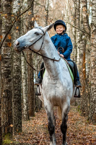 Little Boy Jockey Cap White Adult Horse Background Nature Jockey — Stock Photo, Image