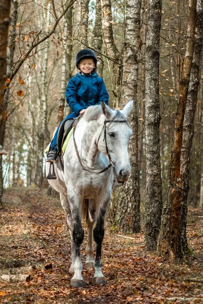 Little Boy Jockey Cap White Adult Horse Background Nature Jockey — Stock Photo, Image