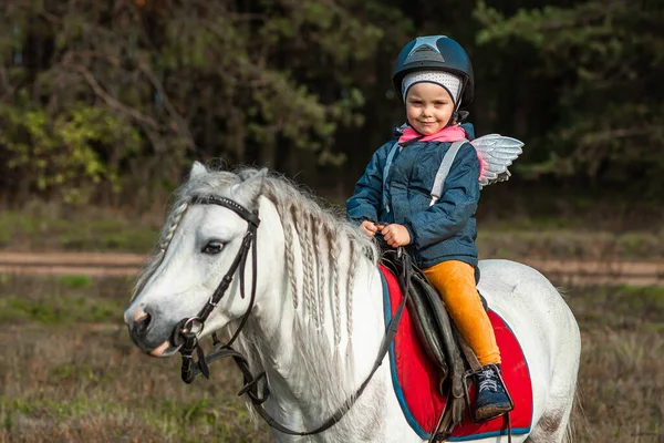 Little Girl White Pony Background Nature Jockey Hippodrome Horseback Riding — Stock Photo, Image