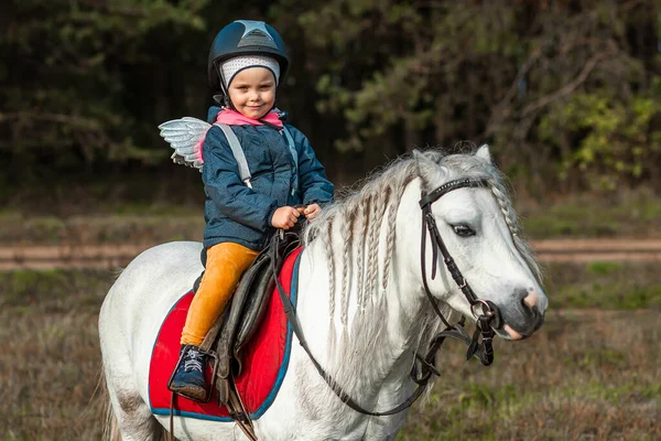 Little Girl White Pony Background Nature Jockey Hippodrome Horseback Riding — Stock Photo, Image