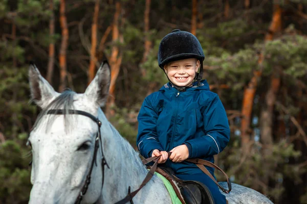 Little Boy Jockey Cap White Adult Horse Background Nature Jockey — Stock Photo, Image