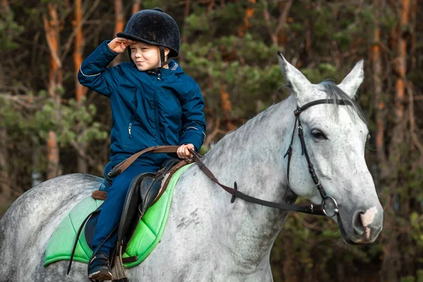 Little Boy Jockey Cap White Adult Horse Background Nature Jockey — Stock Photo, Image