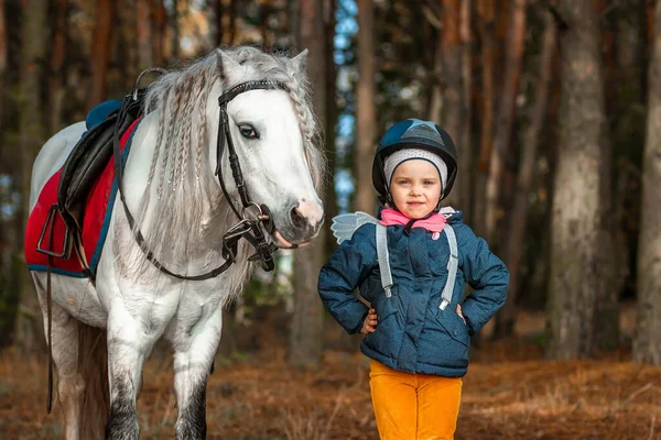 Little Girl Portrait Stands Next White Pony Close Background Nature — Stock Photo, Image