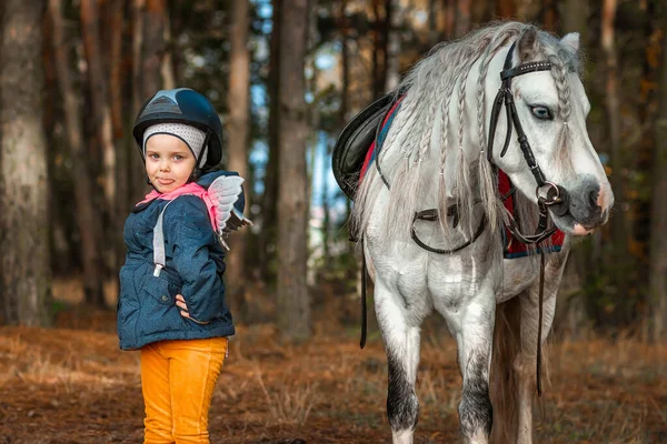 Little Girl Portrait Stands Next White Pony Close Background Nature — Stock Photo, Image