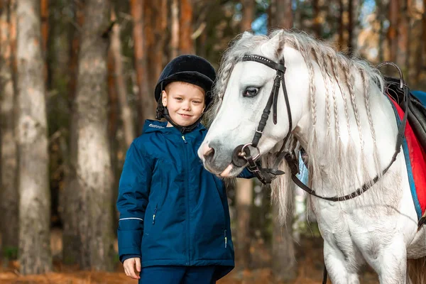 Boy Jockey Cap Portrait Stands Next White Pony Close Background — Stock Photo, Image