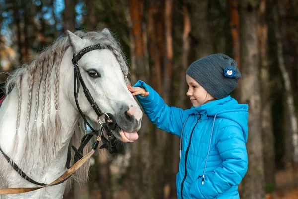 Little Girl Portrait Stands Next White Pony Close Background Nature — Stock Photo, Image