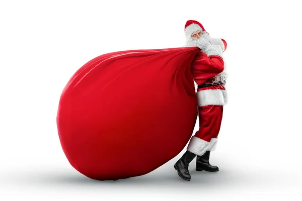 Święty Mikołaj Czerwonym Garniturze Torbą Białym Tle Koncepcja Wigilię Wakacje — Zdjęcie stockowe