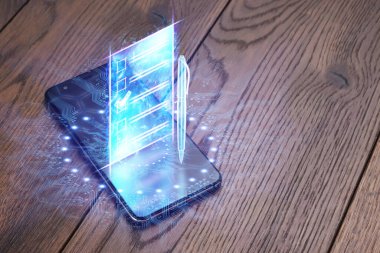 Çevrimiçi oylama, internet oylaması için akıllı telefon ve işaretli bir hologram şeklinde e-oy pusulası. Elektronik oylama teknolojisi kavramı
