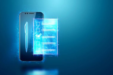 Çevrimiçi oylama, internet oylaması için akıllı telefon ve işaretli bir hologram şeklinde e-oy pusulası. Elektronik oylama teknolojisi konsepti. 3B görüntüleme, 3B illüstrasyon.