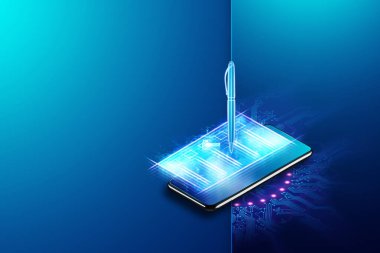Çevrimiçi oylama, internet oylaması için akıllı telefon ve işaretli bir hologram şeklinde e-oy pusulası. Elektronik oylama teknolojisi konsepti. 3B görüntüleme, 3B illüstrasyon.