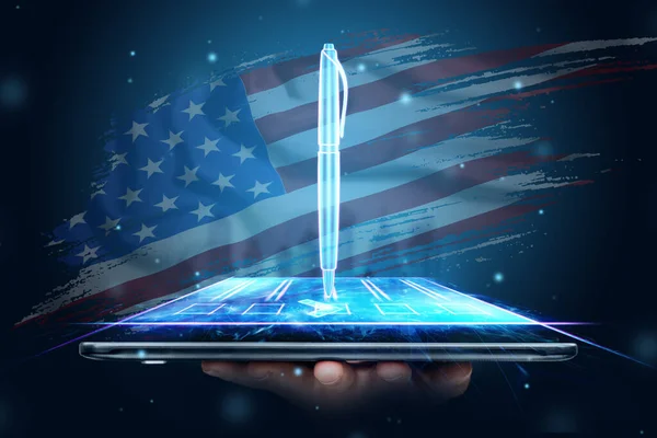 Vote Ligne Hologramme Stylo Sur Fond Tablette Drapeau Américain Environnement — Photo