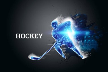 Karanlık arka planda bir hokey oyuncusunun hologramının silüeti. Spor, hız, spor bahisleri. 3B illüstrasyon, 3B canlandırma