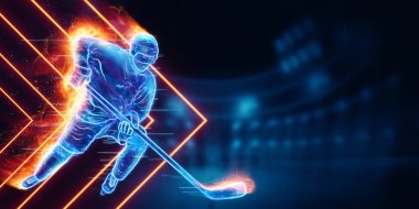 Karanlık arka planda yanan bir hokey oyuncusunun hologramının silüeti. Spor, hız, spor bahisleri. 3B illüstrasyon, 3B canlandırma