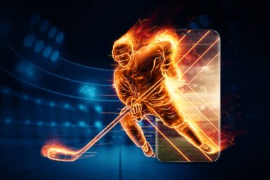 Çevrimiçi sporlar, bir hokey oyuncusunun hologramının silueti akıllı telefondan fırlıyor. Spor konsepti, hız, fiyatlar. 3B illüstrasyon, 3B canlandırma