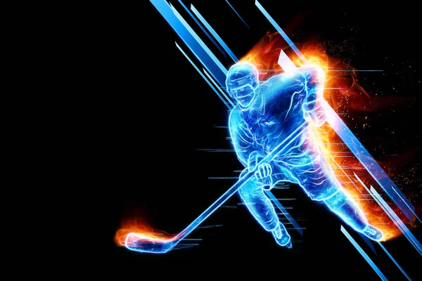 Silhouette Hologram Hockey Player Fire Dark Background Concept Sports Speed — Stock Photo, Image