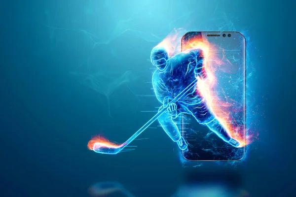 Online sports, silhouette of a hologram of a hockey player bursts out of a smartphone. The concept of sports, speed, rates. 3D illustration, 3D render